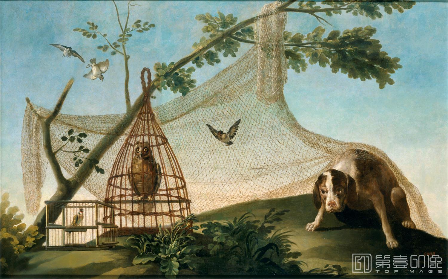 油画-西班牙普拉多美术馆油画藏画-Goya y Lucientes, Francisco de-Caza con reclamo-112cm x 179cm-1071
